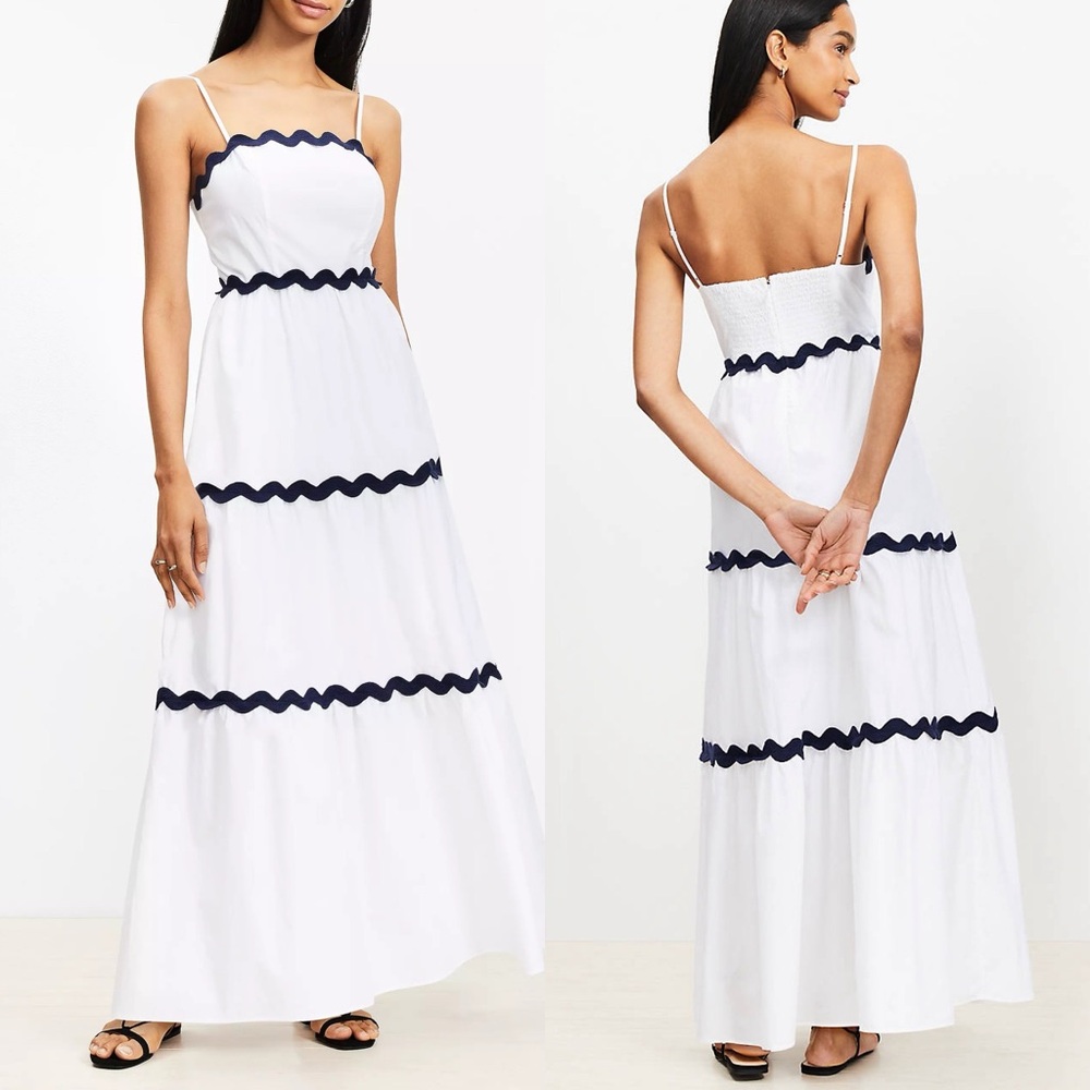 NWT LOFT Beach Ric Rac Poplin Maxi Dress White Navy Size 8 $110